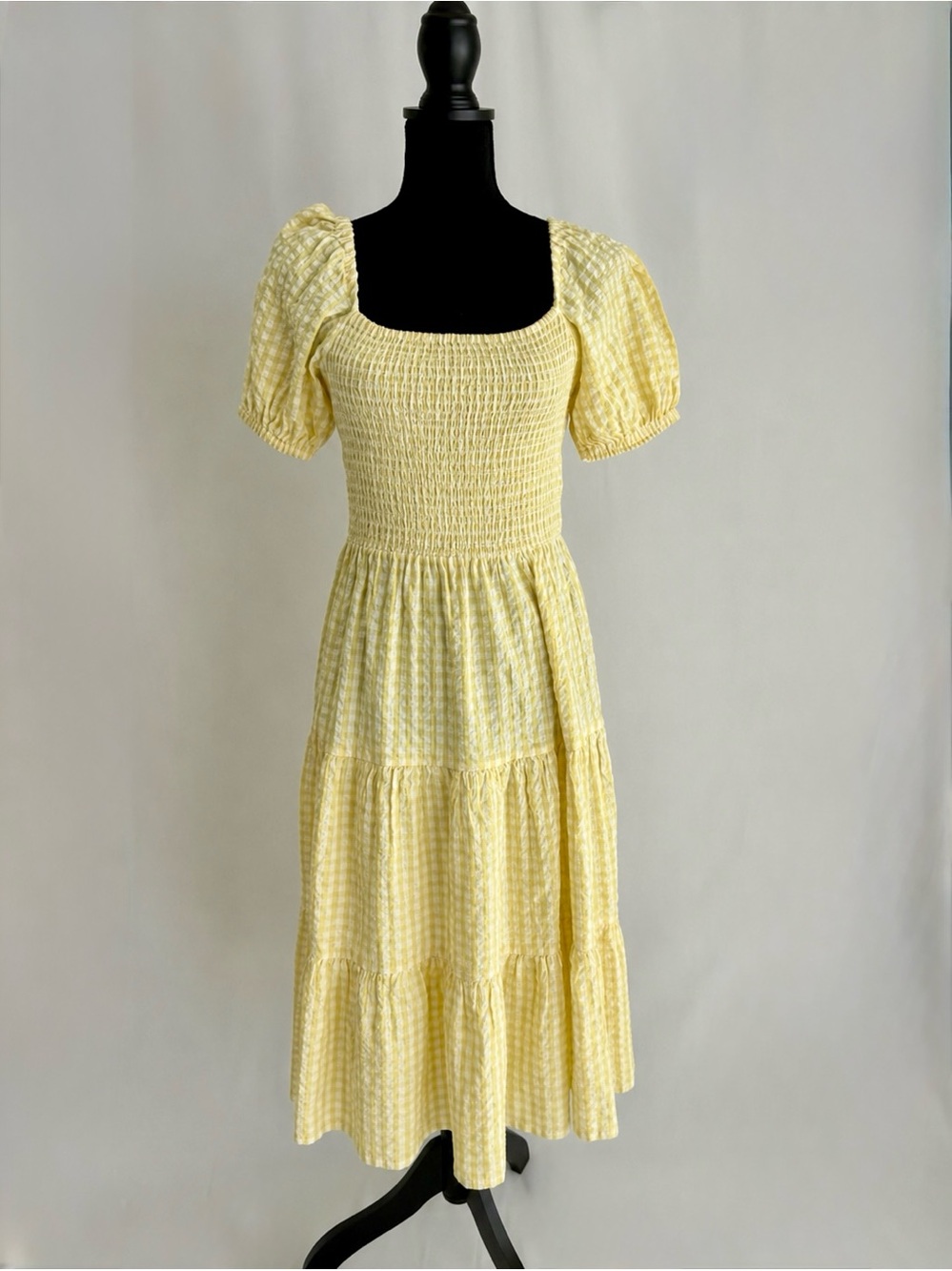NWT Yellow Gingham Smocked Midi Dress Puff Sleeve Cottagecore Resort Vacation M - Picture 14 of 17